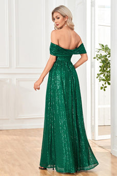 Sparkly Off The Shoulder Dark Green Prom Dress with Slit
