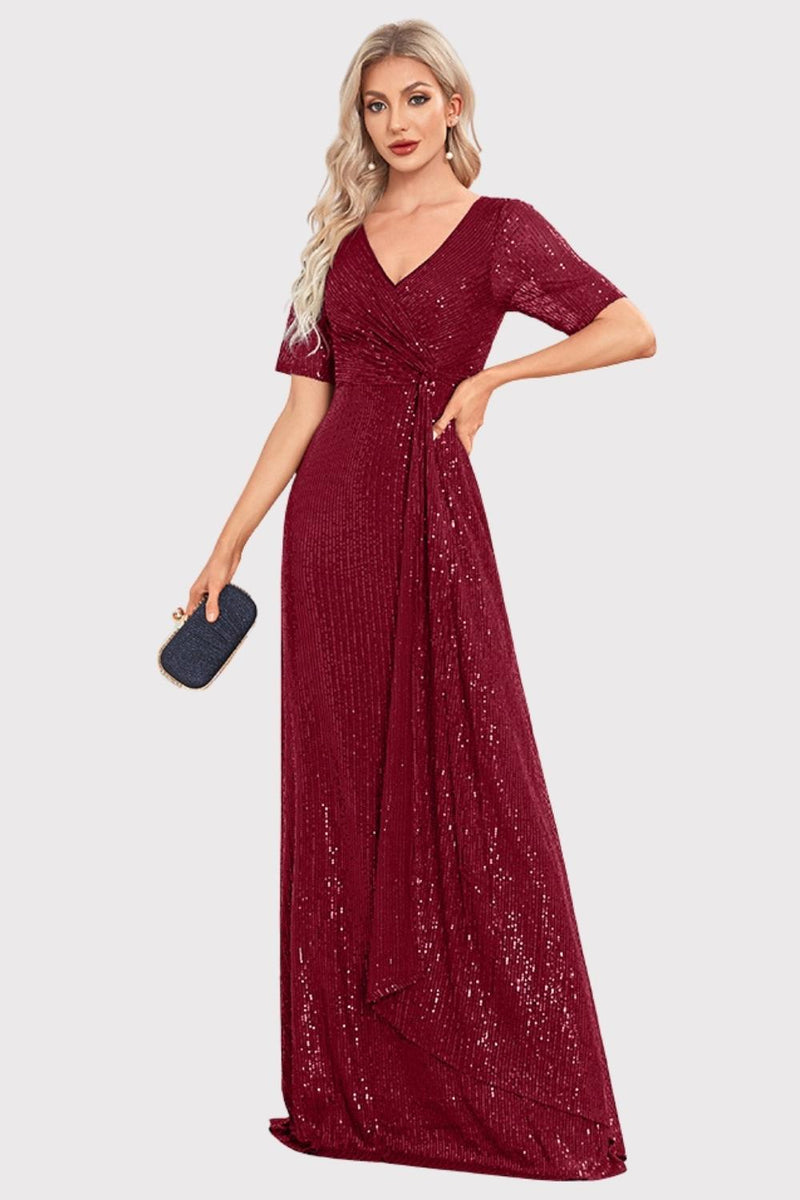 Load image into Gallery viewer, Sparkly V-Neck Navy Long Prom Dress with Short Sleeves