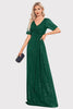 Load image into Gallery viewer, Sparkly V-Neck Navy Long Prom Dress with Short Sleeves