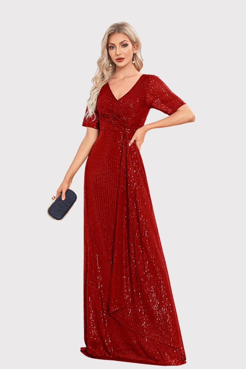 Load image into Gallery viewer, Sparkly V-Neck Navy Long Prom Dress with Short Sleeves