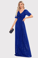 Load image into Gallery viewer, Sparkly V-Neck Navy Long Prom Dress with Short Sleeves