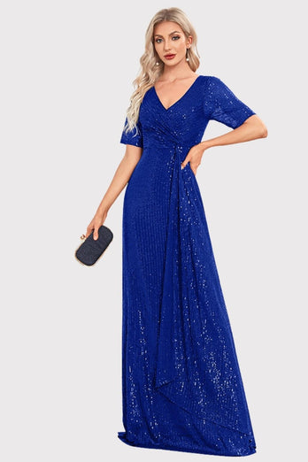 Sparkly V-Neck Navy Long Prom Dress with Short Sleeves
