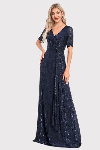 Sparkly V-Neck Navy Long Prom Dress with Short Sleeves
