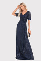 Load image into Gallery viewer, Sparkly V-Neck Navy Long Prom Dress with Short Sleeves