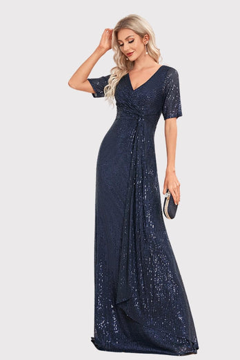 Sparkly V-Neck Navy Long Prom Dress with Short Sleeves