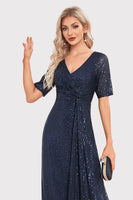 Load image into Gallery viewer, Sparkly V-Neck Navy Long Prom Dress with Short Sleeves
