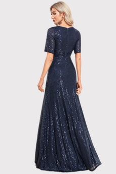 Sparkly V-Neck Navy Long Prom Dress with Short Sleeves