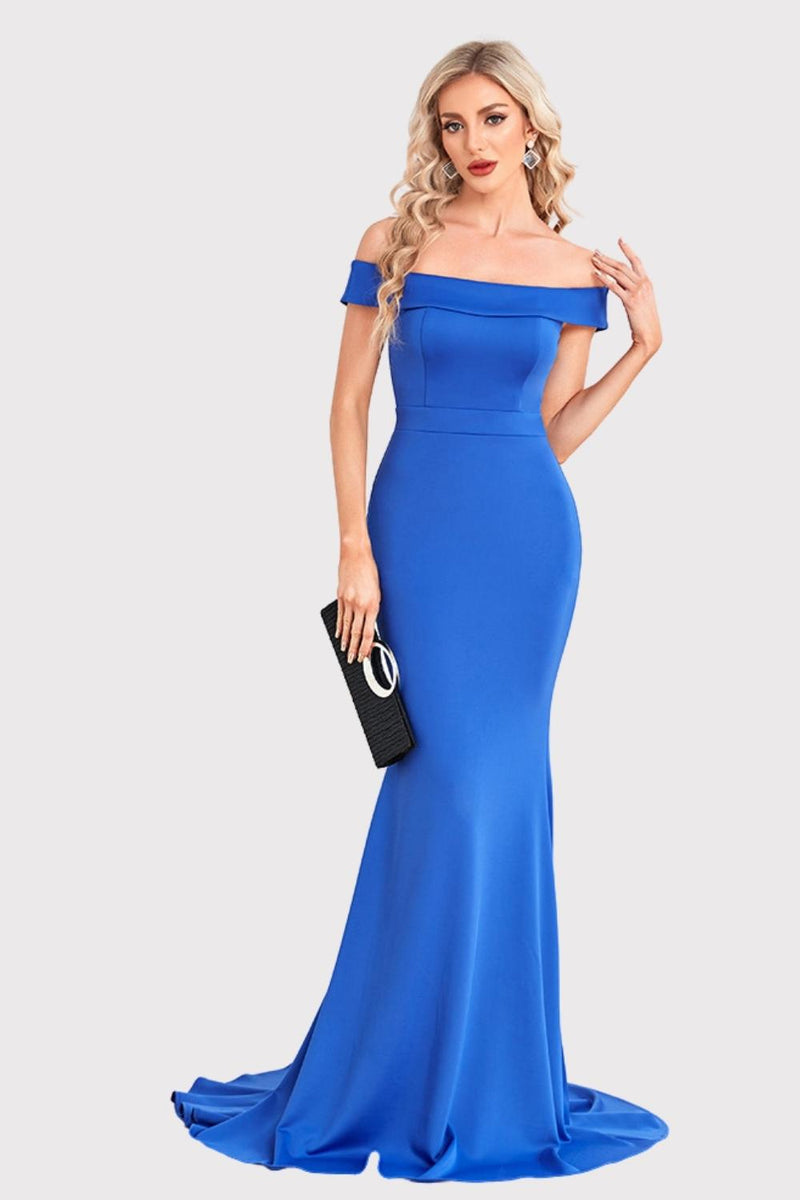 Load image into Gallery viewer, Satin Mermaid Off The Shoulder Royal Blue Long Prom Dress