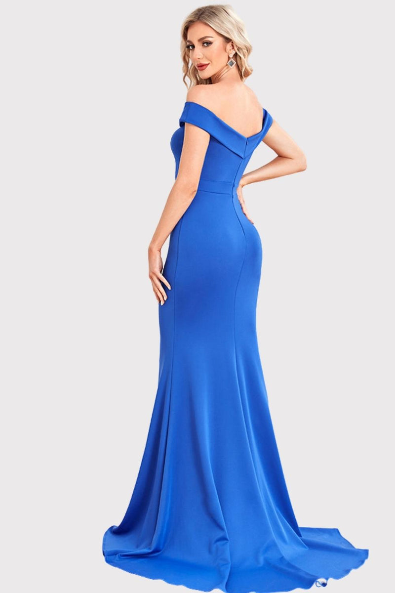 Load image into Gallery viewer, Satin Mermaid Off The Shoulder Royal Blue Long Prom Dress