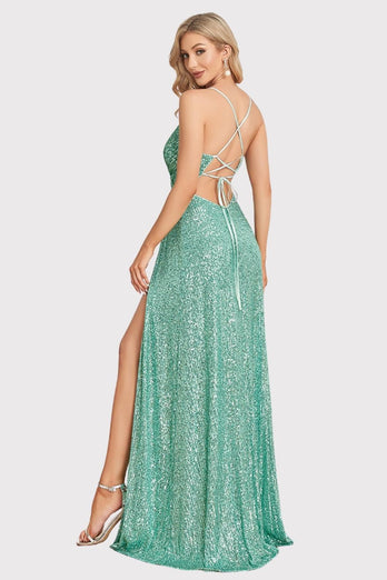 Spaghetti Straps Sequins Light Green Long Prom Dress with Slit