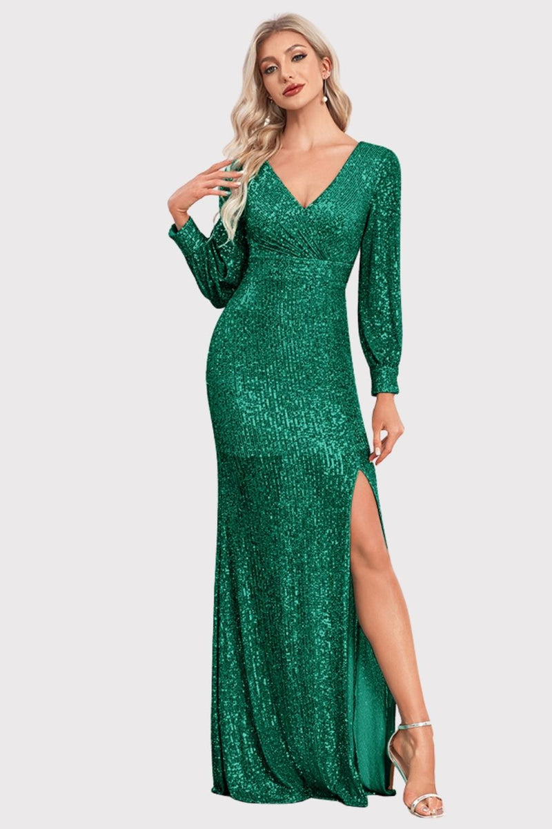 Load image into Gallery viewer, V-Neck Long Sleeves Light Green Long Prom Dress with Slit