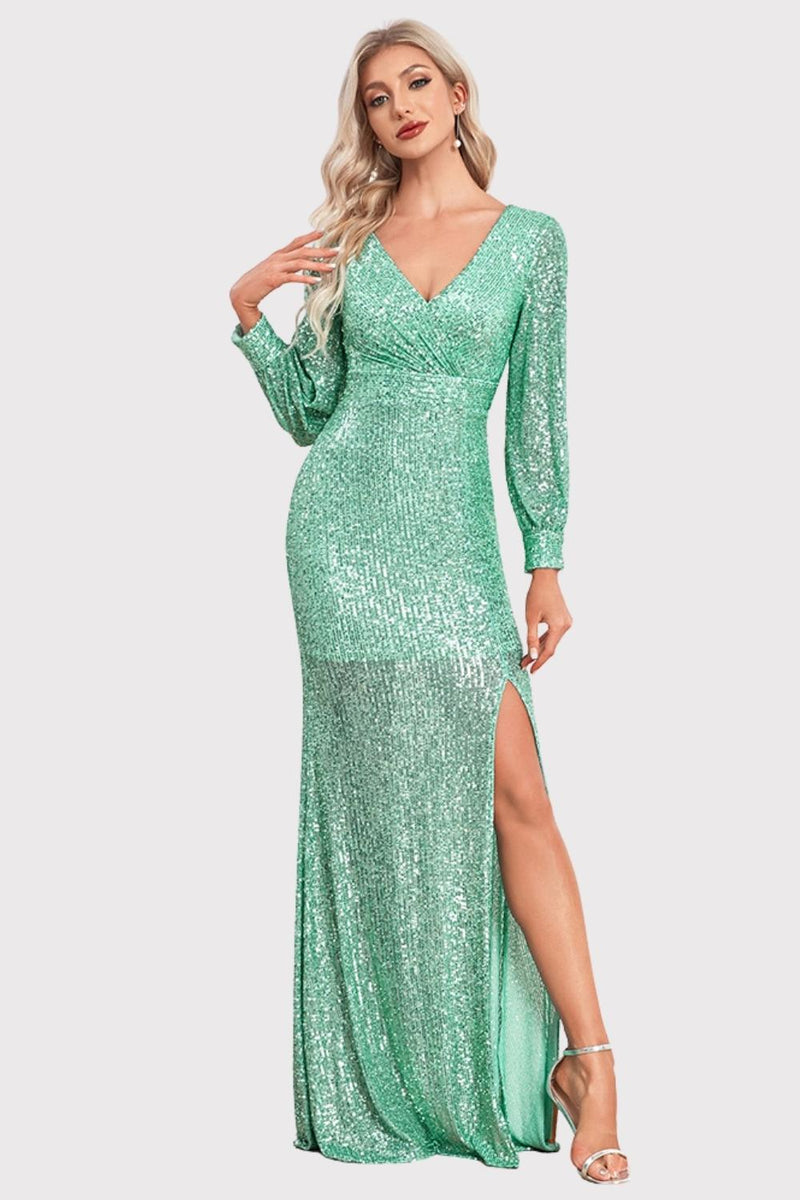 Load image into Gallery viewer, V-Neck Long Sleeves Light Green Long Prom Dress with Slit