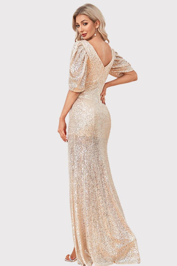 Sparkly V-Neck Champagne Prom Dress with Split Front
