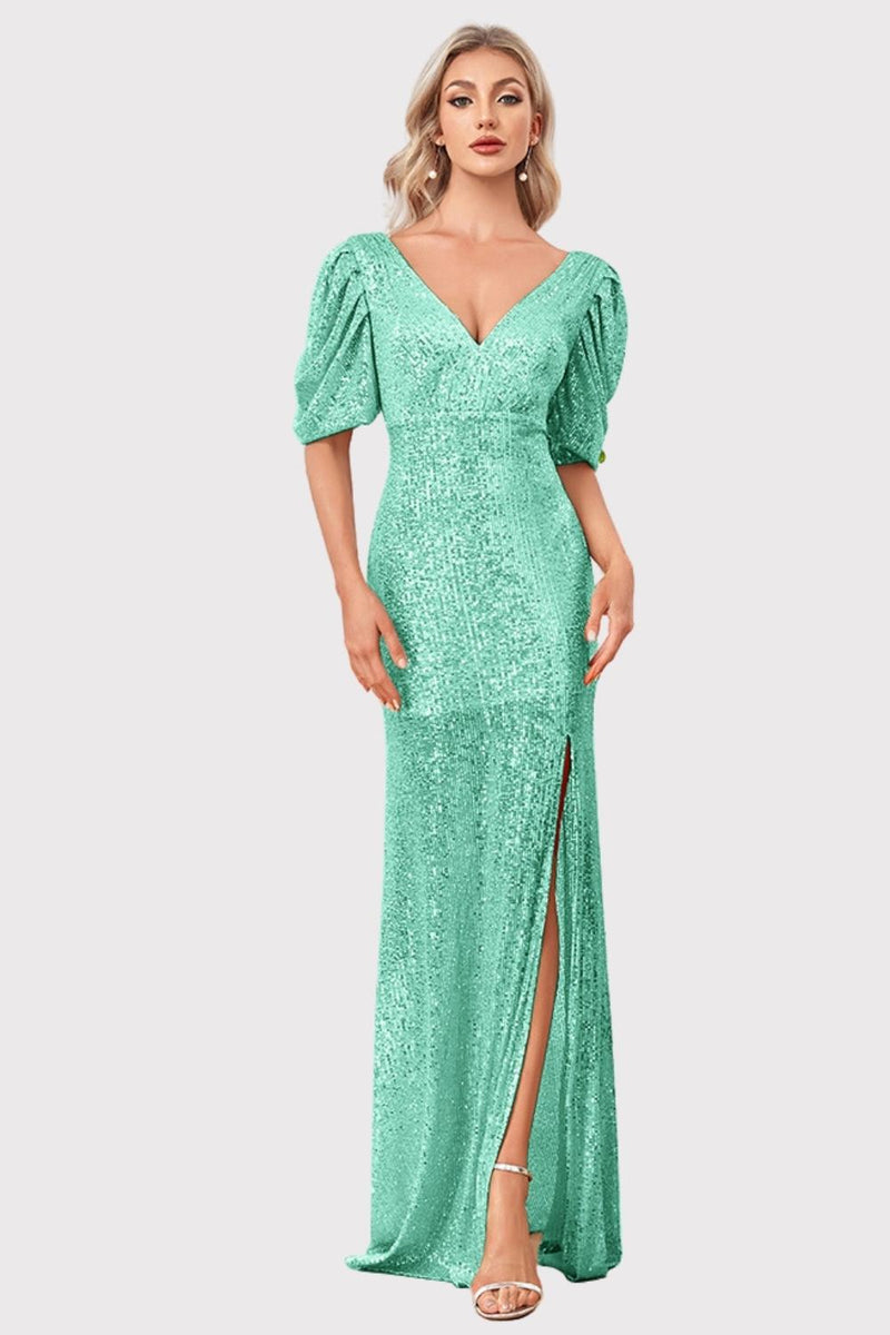 Load image into Gallery viewer, Sparkly V-Neck Champagne Prom Dress with Split Front