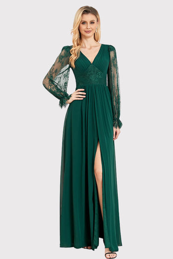 Long Sleeves Dark Green Long Prom Dress with Slit
