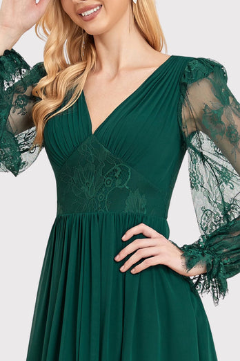 Long Sleeves Dark Green Long Prom Dress with Slit