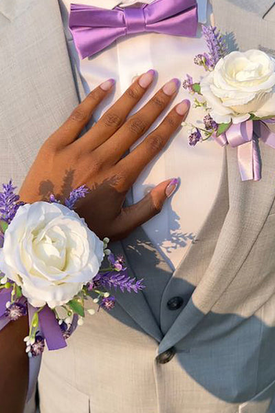 Ivory Rose Wrist Corsage and Men Boutonniere Set for Wedding Prom Party