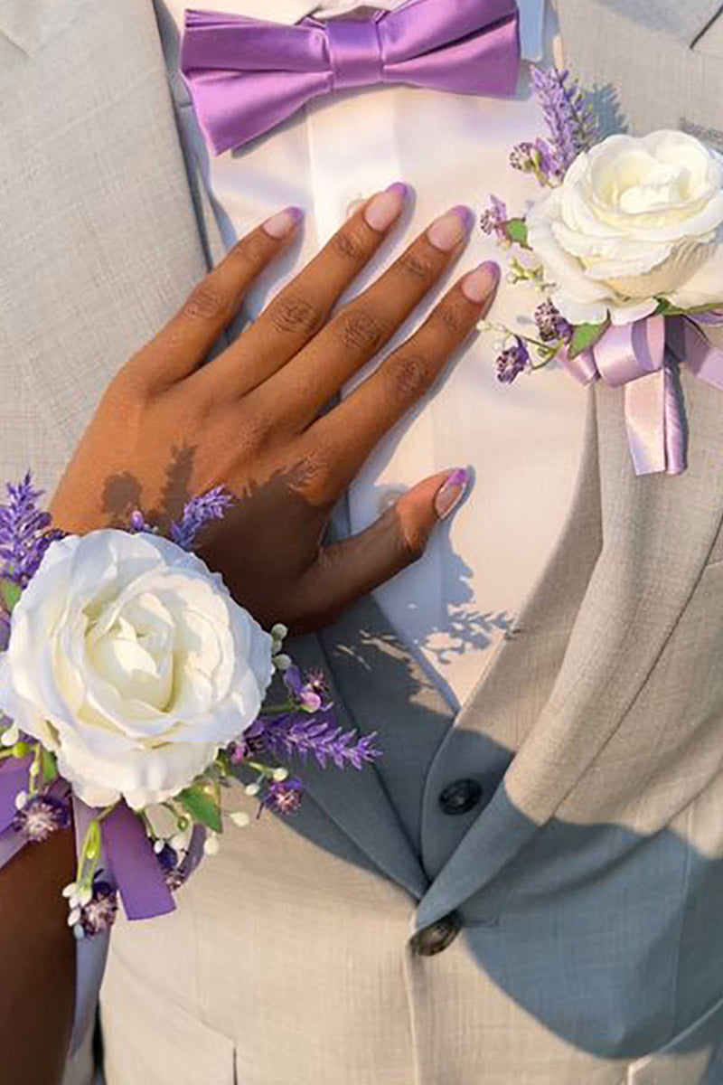 Load image into Gallery viewer, Ivory Rose Wrist Corsage and Men Boutonniere Set for Wedding Prom Party