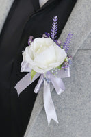 Load image into Gallery viewer, Ivory Rose Wrist Corsage and Men Boutonniere Set for Wedding Prom Party