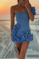 Load image into Gallery viewer, Women Chic Blue Tight Satin Short Prom Dress Ruffled One Shoulder Birthday Party Dress