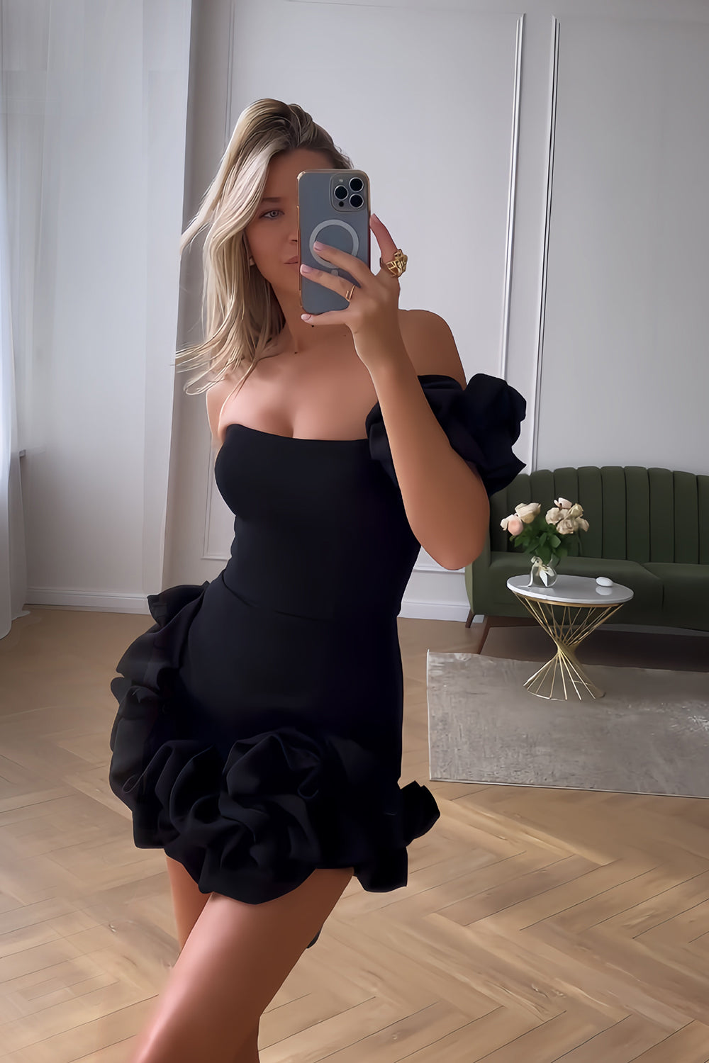 Women Chic Black Tight Satin Short Prom Dress Ruffled One Shoulder Birthday Party Dress