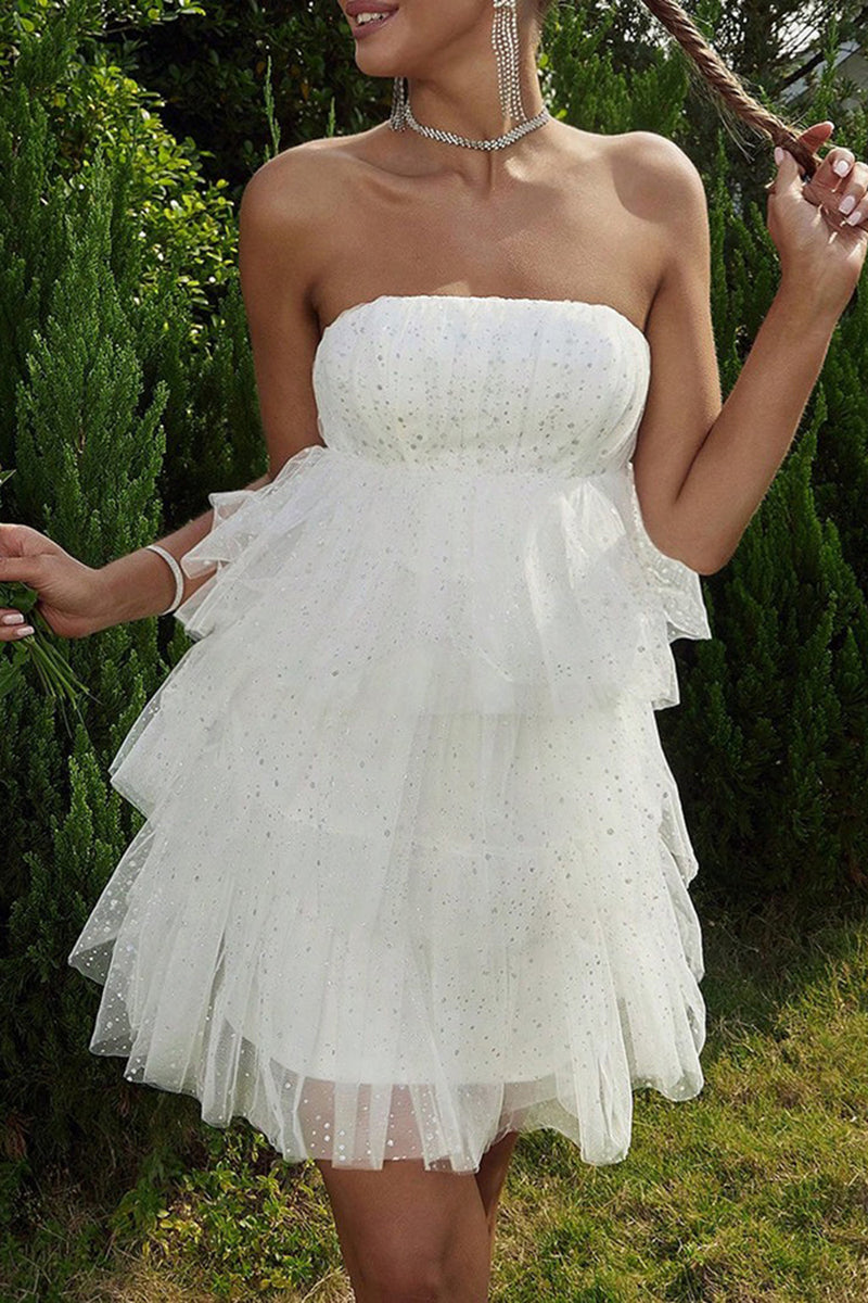 Load image into Gallery viewer, Sparkly Tiered Strapless A-line Little White Dress