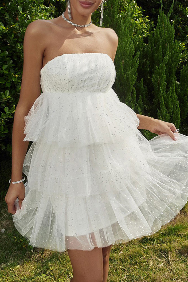 Load image into Gallery viewer, Sparkly Tiered Strapless A-line Little White Dress