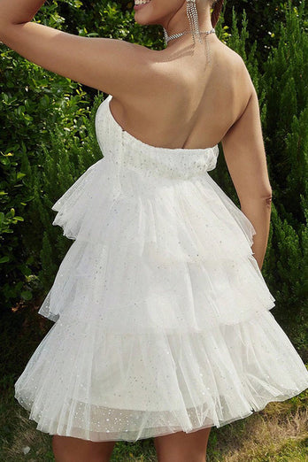 Sparkly Tiered Strapless A-line Little White Dress