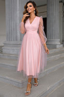 Load image into Gallery viewer, Tulle V-Neck Blush Long Prom Dress with Sleeves
