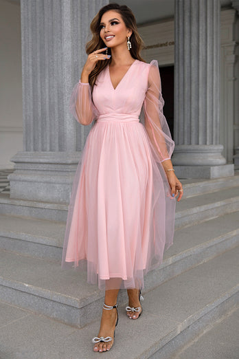 Tulle V-Neck Blush Long Prom Dress with Sleeves