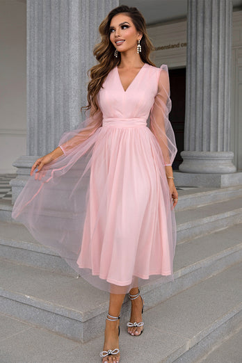 Tulle V-Neck Blush Long Prom Dress with Sleeves