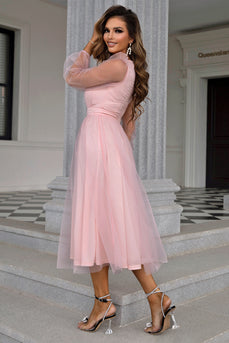 Tulle V-Neck Blush Long Prom Dress with Sleeves