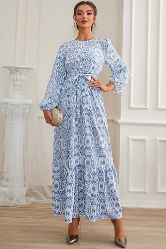 A-Line Blue Long Prom Dress with Long Sleeves