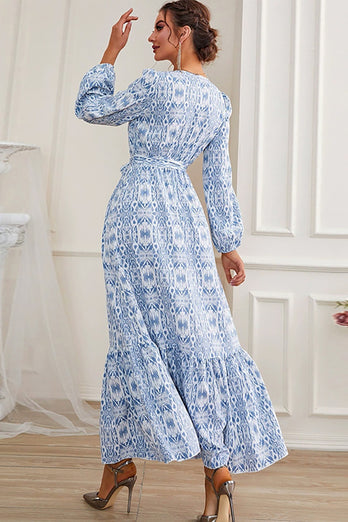 A-Line Blue Long Prom Dress with Long Sleeves