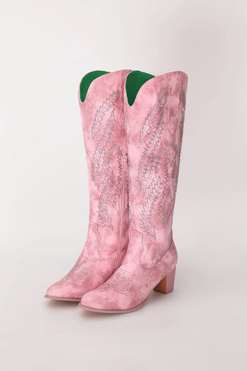 Dusty Rose Embroidered Boho Calf Cowgirl Mid Boots
