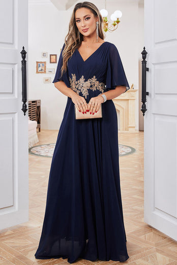 A-Line V-Neck Navy Mother of Bride Dress with Appliques