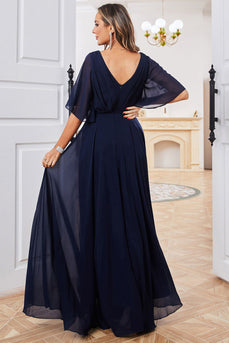 A-Line V-Neck Navy Mother of Bride Dress with Appliques