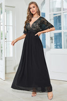 Load image into Gallery viewer, A-Line Chiffon Black Mother of Bride Dress with Short Sleeves