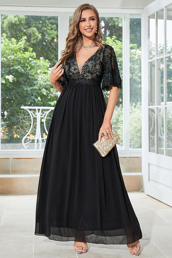 A-Line Chiffon Black Mother of Bride Dress with Short Sleeves