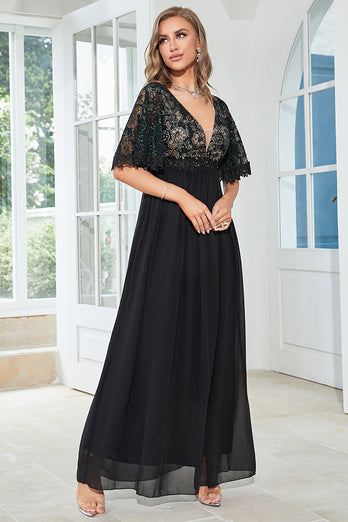 A-Line Chiffon Black Mother of Bride Dress with Short Sleeves