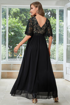 A-Line Chiffon Black Mother of Bride Dress with Short Sleeves
