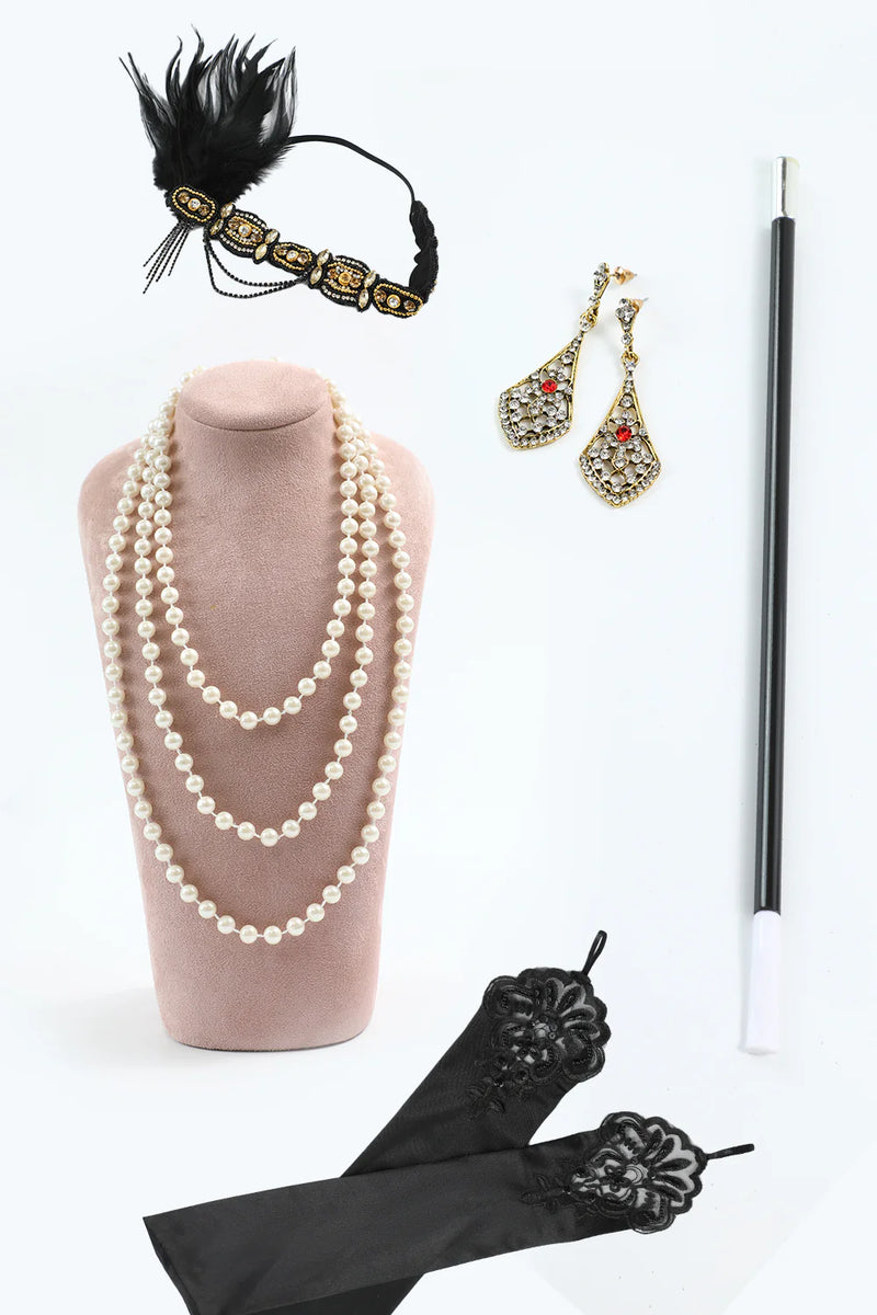 Load image into Gallery viewer, 1920s Black Golden Five Pieces Flapper Accessories Set