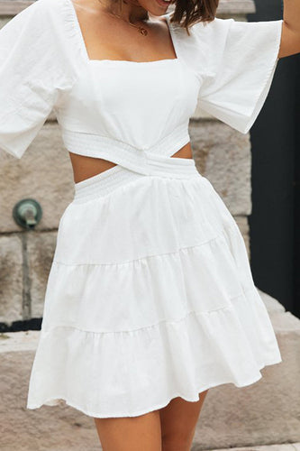 Square Neck Waist Cutout Short Sleeves Mini Graduation Dress