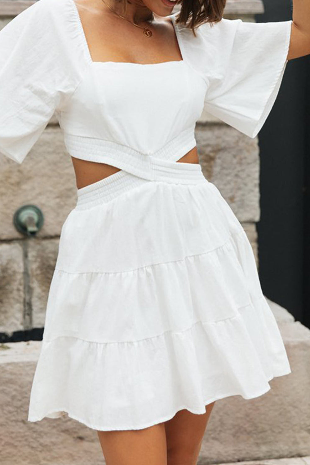 Square Neck Waist Cutout Short Sleeves Mini Graduation Dress