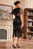 Load image into Gallery viewer, Black Golden V Neck Fringe 1920s Gatsby Dress With Sequins