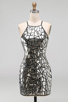 Load image into Gallery viewer, Sparkly Silver Tight Halter Mirror Short Party Dress