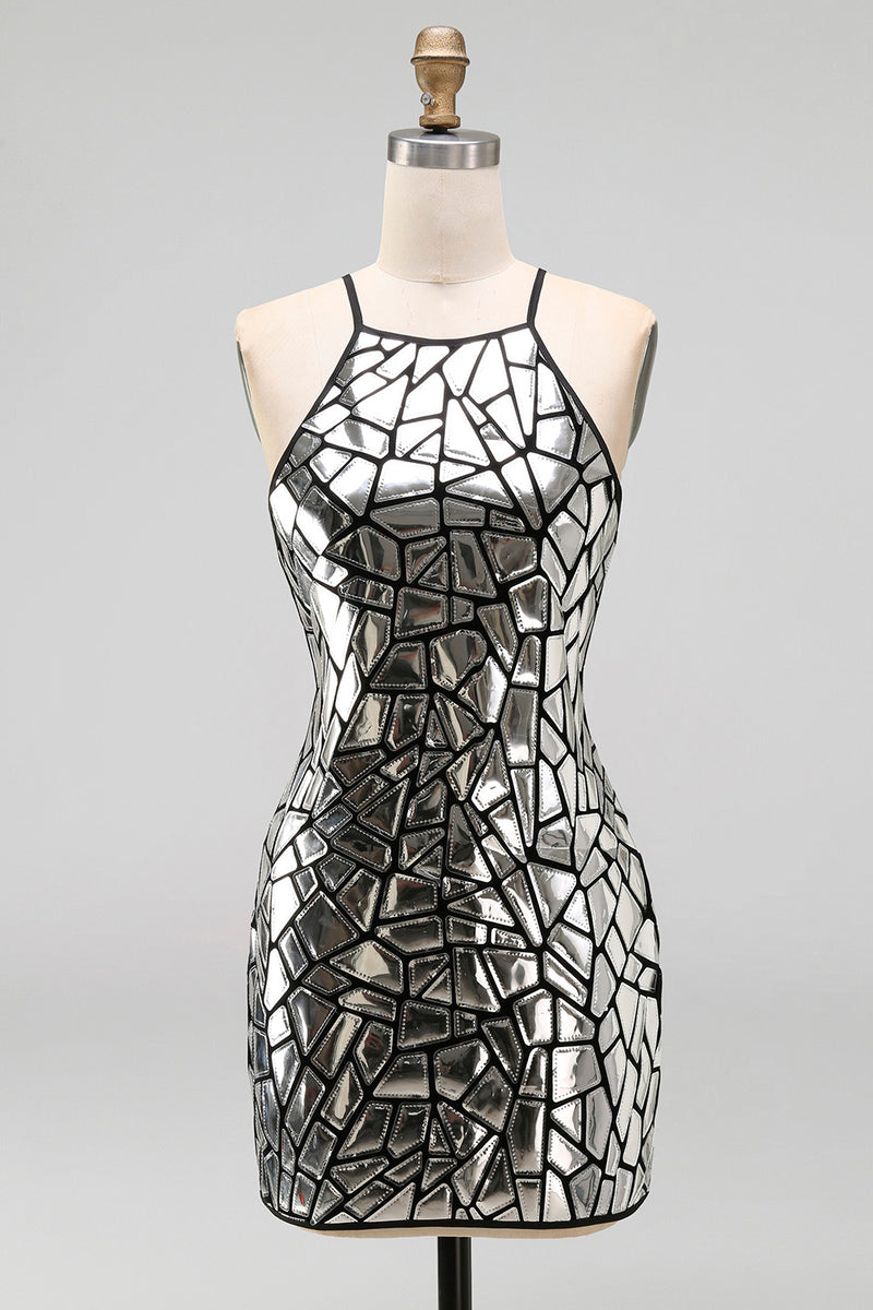 Load image into Gallery viewer, Sparkly Silver Tight Halter Mirror Short Party Dress