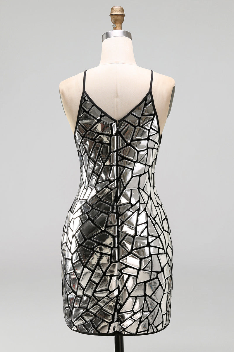 Load image into Gallery viewer, Sparkly Silver Tight Halter Mirror Short Party Dress