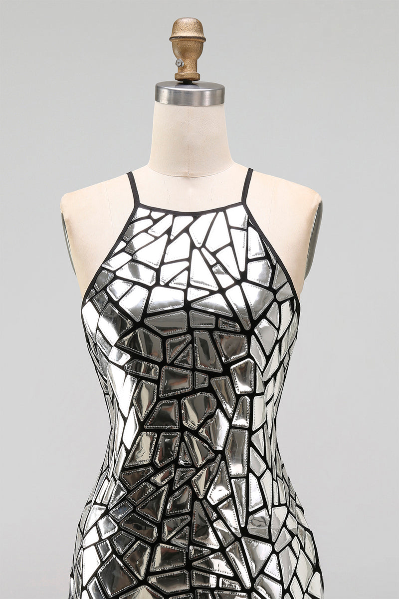 Load image into Gallery viewer, Sparkly Silver Tight Halter Mirror Short Party Dress