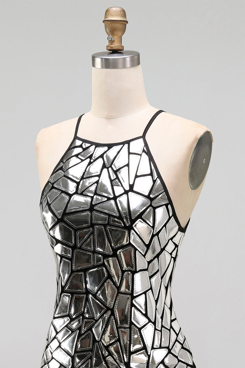 Load image into Gallery viewer, Sparkly Silver Tight Halter Mirror Short Party Dress